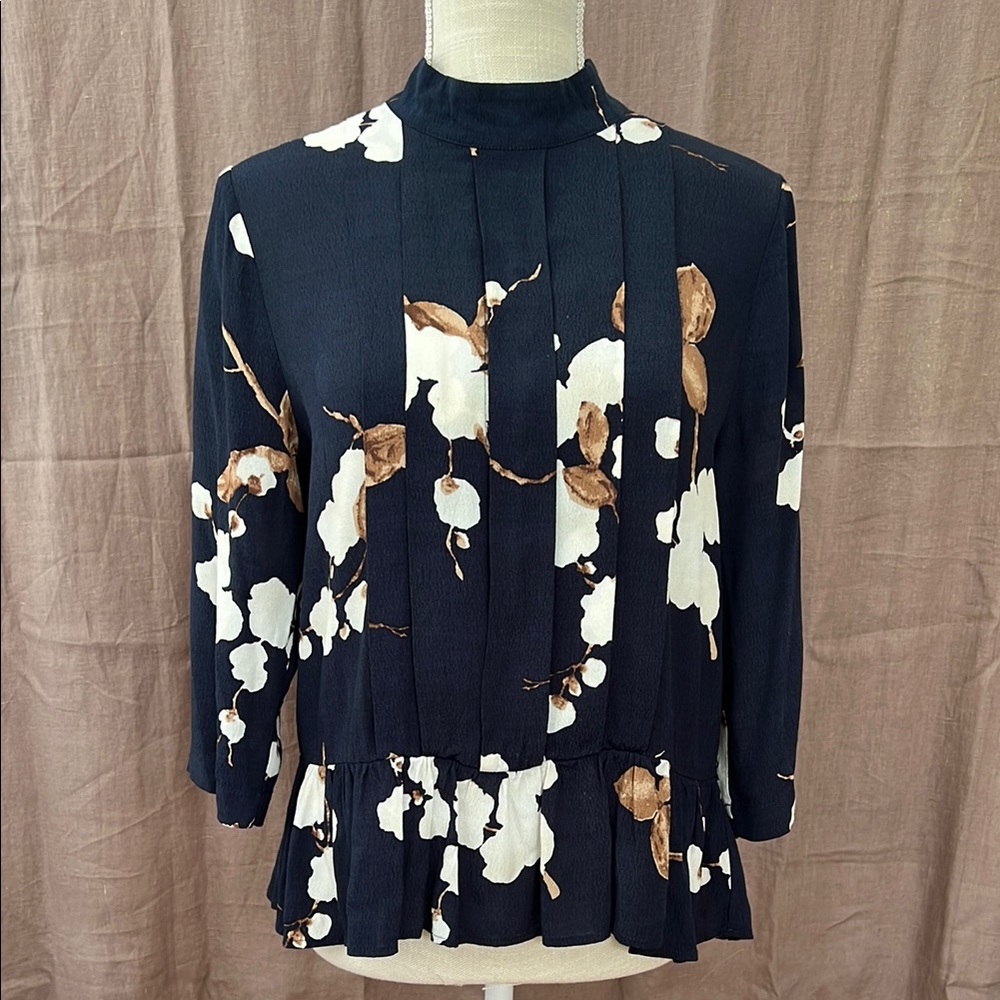 Ganni Navy Blue Pleated 3/4 Sleeve Mandarin Collar Blouse